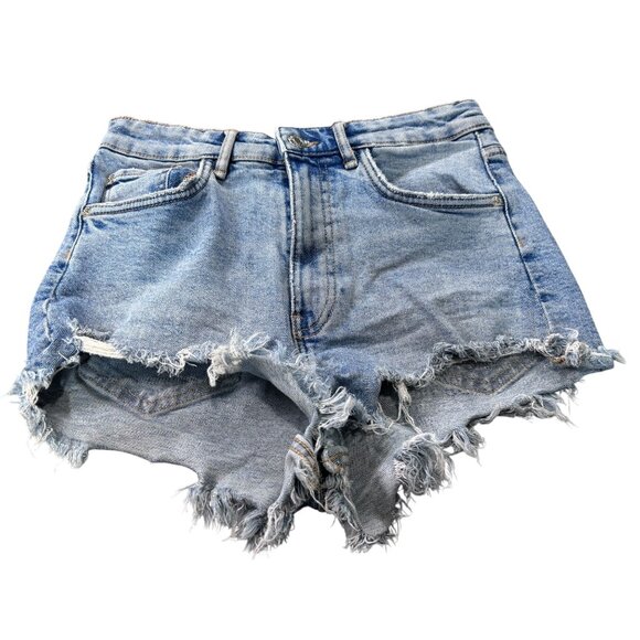 Zara Blue Denim Frayed Hem High-Waisted Womens Shorts - Picture 1 of 8
